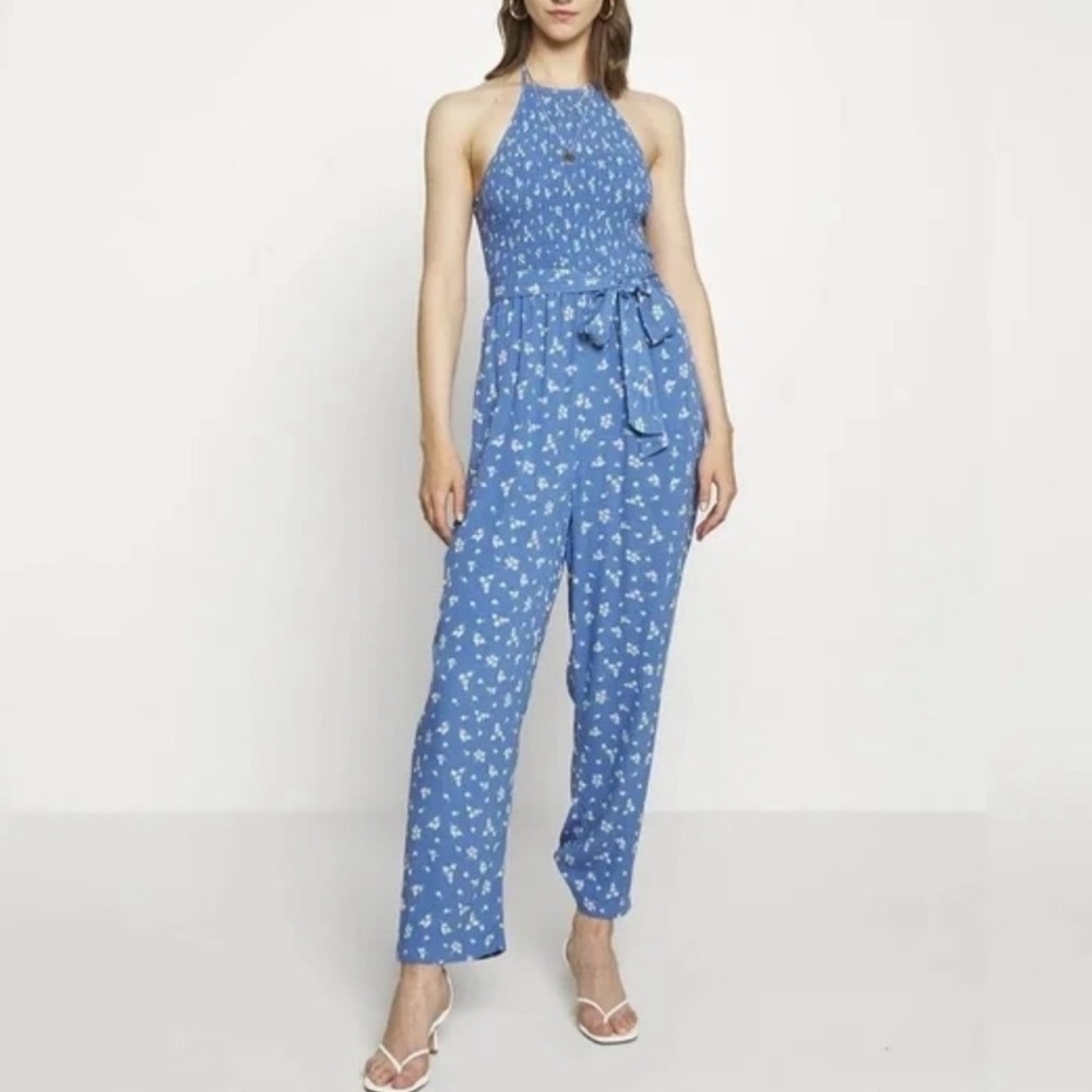 NWT American Eagle Bella Smocked Jumpsuit Sz XL Blue Floral Cottagecore
